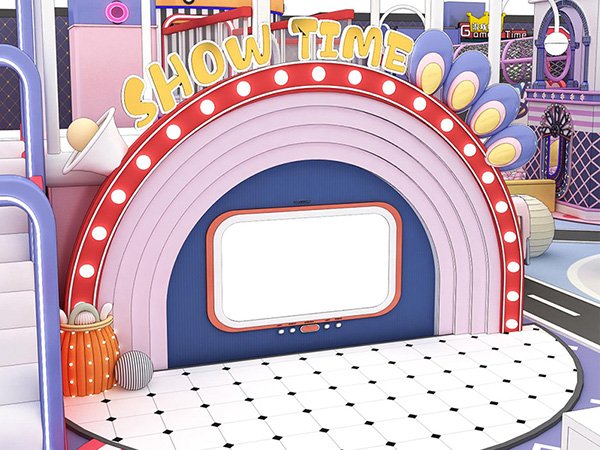 Indoor playground stage with colorful lights and children performing