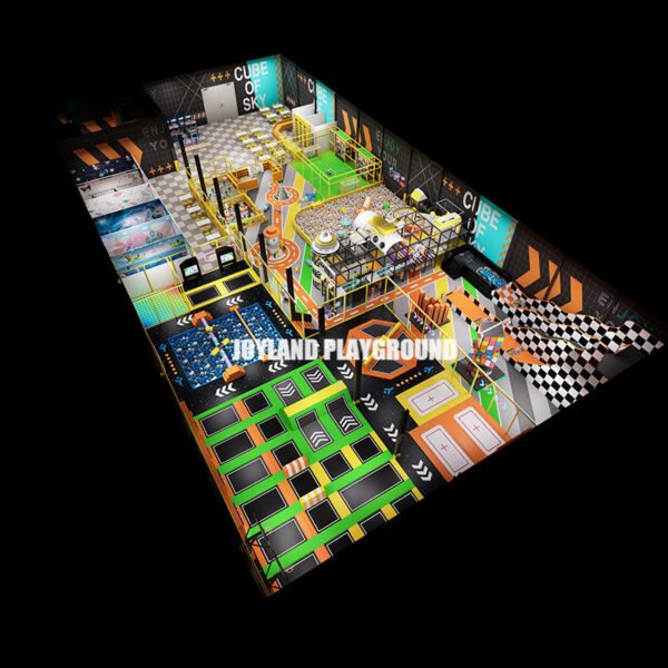Front shot showing colorful trampoline park setup