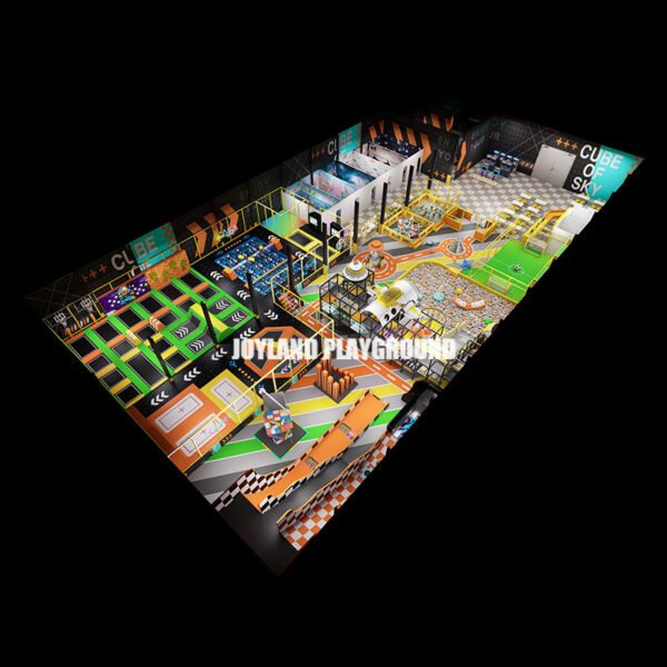 Side view of large trampoline park installation